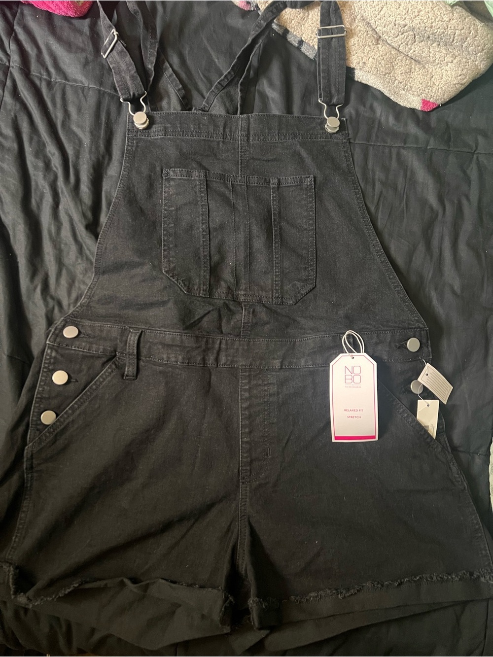 NBD Black Denim Short Overalls with Pocket Detail
